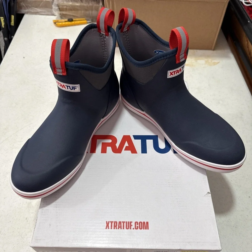 XTRATUF Ankle Deck Boot Mens Size M8 Navy/Red Fishing Boots Waterproof FREE SHIP